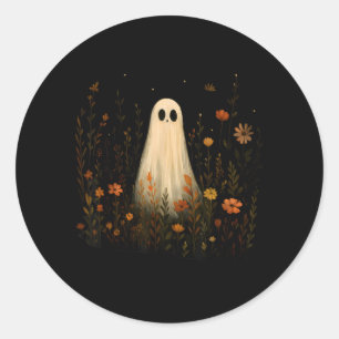 Sticker Rond Fantôme sur un pré fleuri Halloween automne design