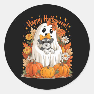 Sticker Rond Fantôme tenant un chien schnauzer miniature floral