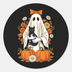 Sticker Rond Fantôme tenant une citrouille florale de chat noir