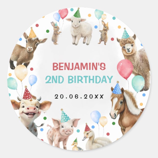 Sticker Rond Farm Barnyard Animaux Confetti Anniversaire Garçon (Devant)