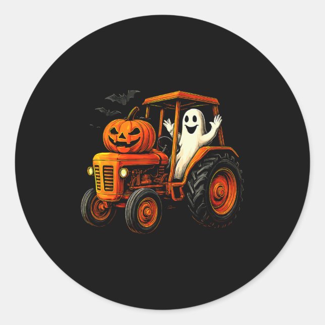 Sticker Rond Farmer Ghost Tractor Pumpkin Soky Season Halloween (Devant)