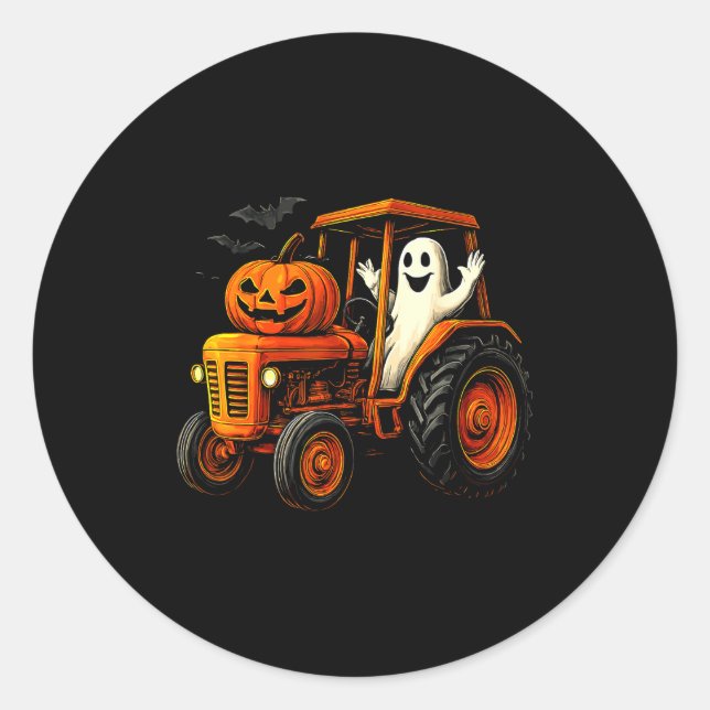 Sticker Rond Farmer Ghost Tractor Pumpkin Soky Season Halloween (Devant)