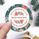 Sticker Rond Farmhouse Poinsettia Baked with Love Christmas<br><div class="desc">From the Farmhouse Poinsettia Christmas & Holiday Collection: Farmhouse Poinsettia Baked with Love Holiday, with Beautiful Curved Typography and Personalized Food Name and Text. Easily customize text for this pretty Christmas label Template. In 4 different colorway options, this option features a teal green background color, and pretty watercolor poinsettia and...</div>