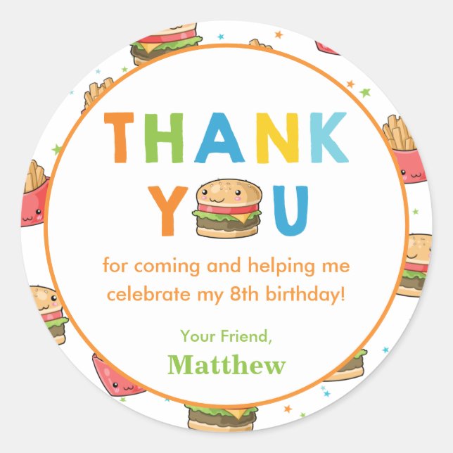 Sticker Rond Fast Food Burger Anniversaire Merci Fête Favoriser (Devant)