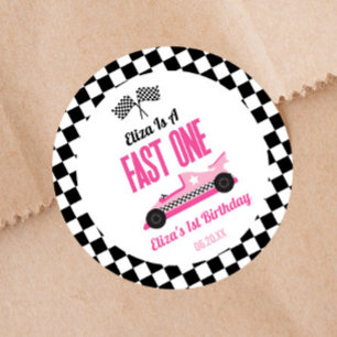 Sticker Rond Fast One Pink Race Car Premier Anniversaire
