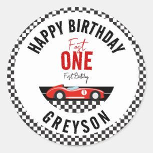 Sticker Rond Fast One Race Car Boy 1ère fête d'anniversaire