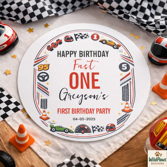 Sticker Rond Fast One Race Car Boy 1st Birthday Party (Fast One Race Car Boy 1st Birthday Party Classic Round Sticker
)