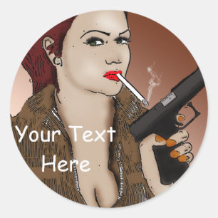 Sticker Rond Fatale féminine - Fumer et armes à feu