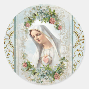 Sticker Rond Fatima Bienheureuse Vierge Marie Florale Catholiqu