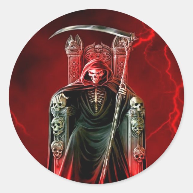 Sticker Rond Faucheuse Grim Sur Son Trône (Devant)