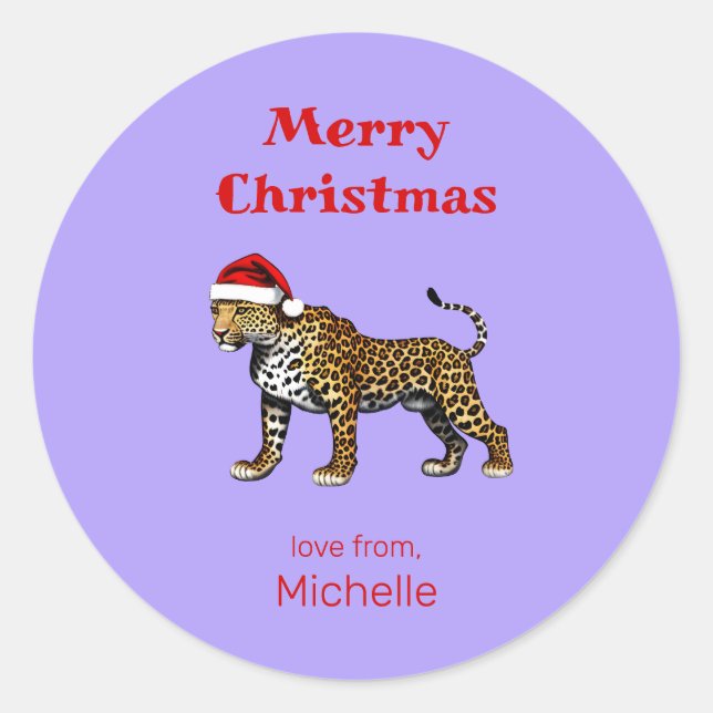 Sticker Rond Faune Safari animal Leopard Santa Hat Noël (Devant)