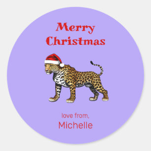Sticker Rond Faune Safari animal Leopard Santa Hat Noël
