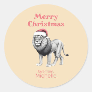 Sticker Rond Faune Safari Animal Lion Santa Hat Noël