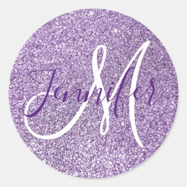 Sticker Rond Faux Améthyste Pailleté Monogramme Féminin (Devant)