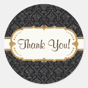 Sticker Rond Faux Black Gold Parties scintillant Mariage damass