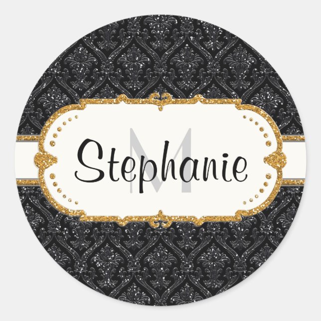 Sticker Rond Faux Black Gold Parties scintillant Mariage damass (Devant)