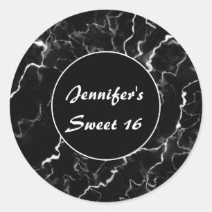 Sticker Rond Faux Black Marbre Texture Look Sweet 16 Anniversai
