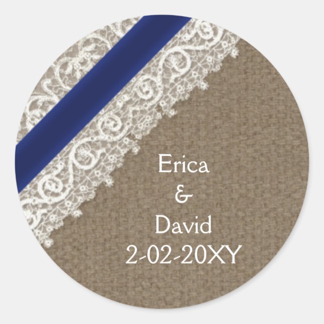 Sticker Rond FAUX bleu marine dentelle et burlap, phoques maria (Devant)