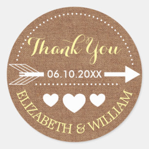Sticker Rond Faux Burlap et Merci Mariage jaune Coeur de flèche