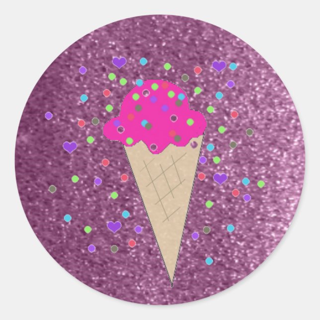 Sticker Rond Faux cône de glace rose pailleté (Devant)
