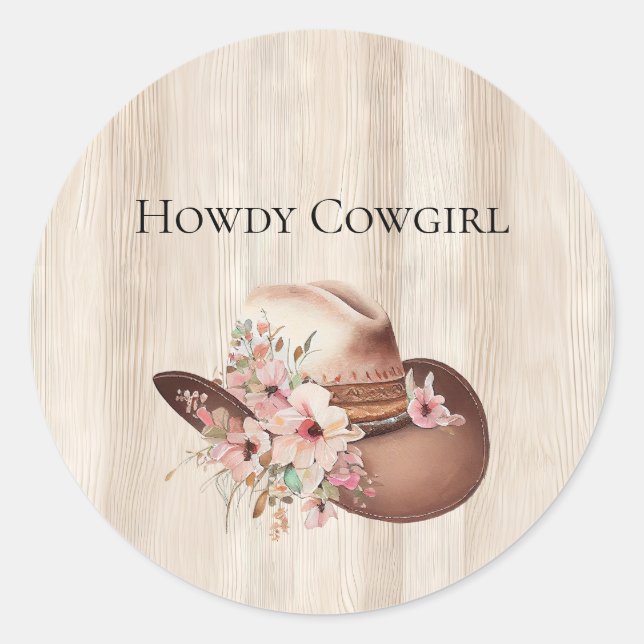 Sticker Rond Faux Crème Rustique Bois Rose Rose Cowgirl (Devant)