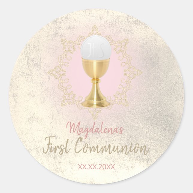 Sticker Rond FAUX feuille d'or Première communion fille (Devant)