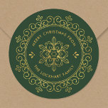 Sticker Rond Faux Foil Frame Personnalisé Christmas Cadeaux Tag<br><div class="desc">Autocollants personnalisés imprimés sur étiquette-cadeau de vacances personnalisés avec votre message Joyeux Noël et nom ou autre texte personnalisé. Ce design chic présente un cadre de flocon de neige géométrique orné avec un faux look de feuille d'or. Utilisez les outils de conception pour choisir n'importe quelle couleur arrière - plan,...</div>