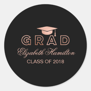 Sticker Rond Faux Foil Rose Gold Graduation Cap Élégant