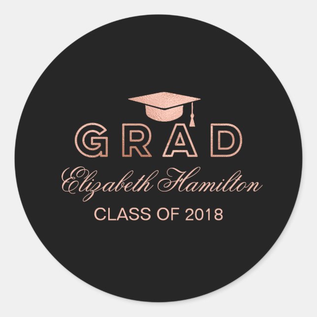Sticker Rond Faux Foil Rose Gold Graduation Cap Élégant (Devant)
