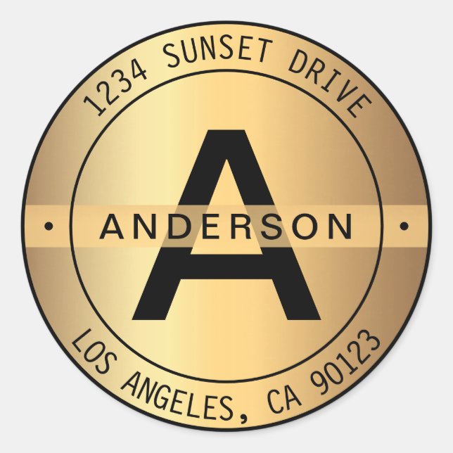 Sticker Rond FAUX Gold & Black Bold Monogramme & Adresse circul (Devant)