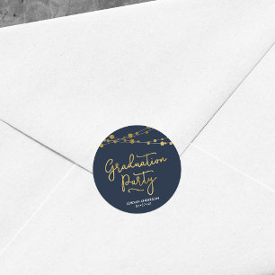 Sticker Rond Faux Gold Chaînes de lumière Blue Graduation Party