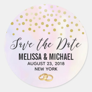 Sticker Rond Faux Gold Confetti sur Purple Watercolor Mariage