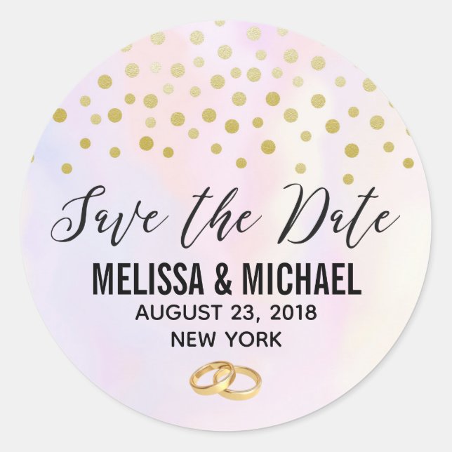 Sticker Rond Faux Gold Confetti sur Purple Watercolor Mariage (Devant)