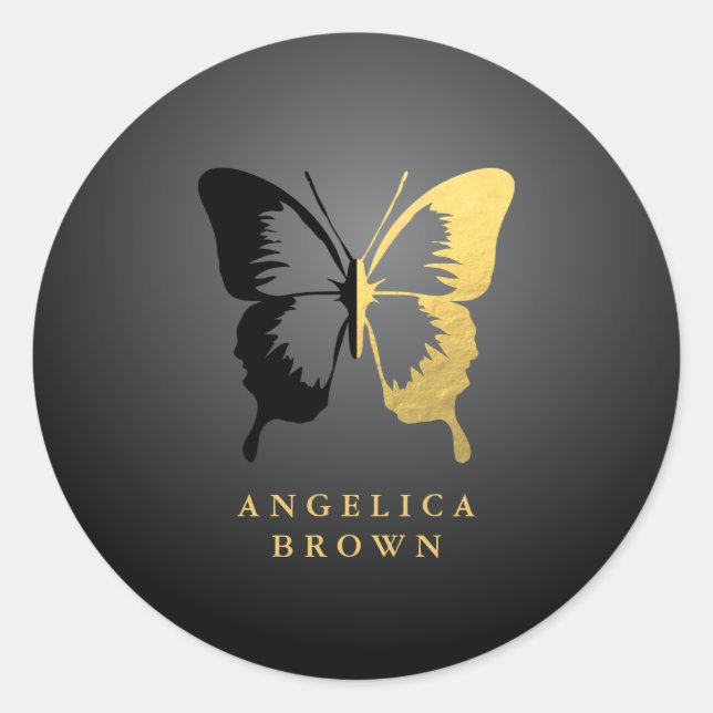 Sticker Rond Faux Gold Foil & Black Butterfly (Devant)
