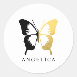 Sticker Rond Faux Gold Foil & Black Butterfly