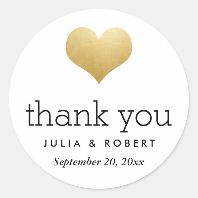 Sticker Rond Faux Gold Foil Mariage de coeur moderne Merci (Devant)
