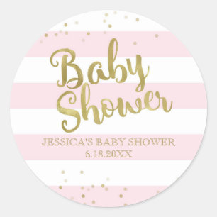 Sticker Rond Faux Gold Foil Pink Stripes Baby shower Fille Favo