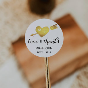 Sticker Rond Faux Gold Heart Merci Monogramme Mariage Faveur