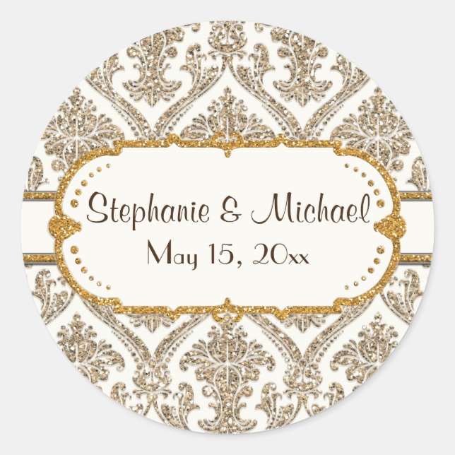 Sticker Rond Faux Gold Parties scintillant Damask Floral Patal  (Devant)