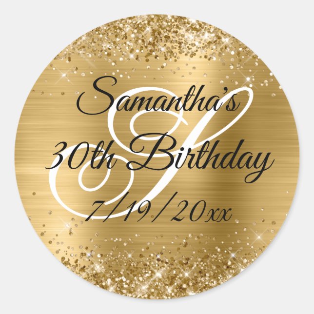 Sticker Rond Faux Gold Parties scintillant et Foil 30e annivers (Devant)