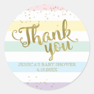 Sticker Rond Faux Gold Rainbow Stripes Baby shower Merci