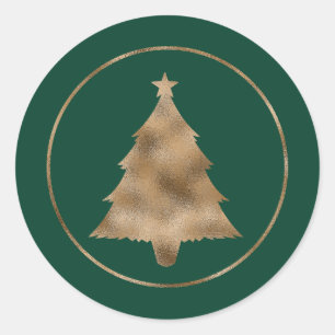 Sticker Rond Faux Golden Foil Forme Arbre de Noël Vert