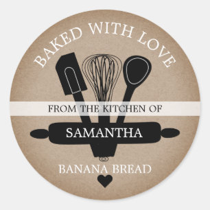 Sticker Rond Faux Kraft Rustique Cuit Avec Amour Pain De Banane
