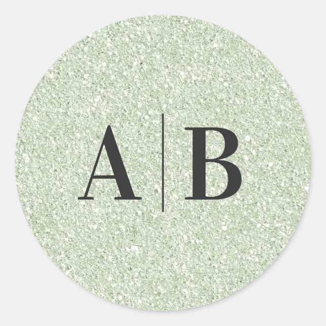 Sticker Rond Faux Light Vert Sauge Paillettes Mariage Monogramm (Devant)