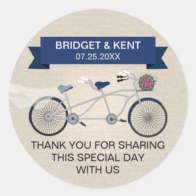 Sticker Rond Faux Linen Bleu foncé Tandem Mariage de vélo (Devant)