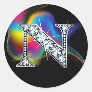 Sticker Rond Faux "N" Diamond Bling sur Rainbow Swirl Heart