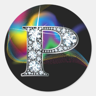 Sticker Rond Faux "P" Diamond Bling sur Rainbow Swirl Heart