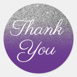 Sticker Rond Faux Pailleté Argent Ombré Royal Violet Merci
