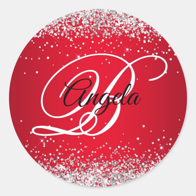 Sticker Rond Faux Pailleté Argent Pailleté Rouge Ombré Monogram (Devant)
