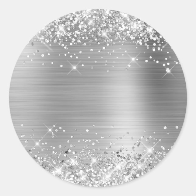 Sticker Rond Faux Pailleté Argenté Texture Feuille Vierge (Devant)